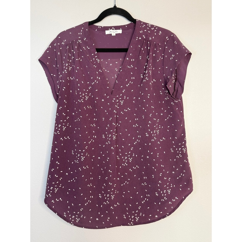 Monday Fun Purple White Seed Print V-Neck Cap Sleeve Blouse Large